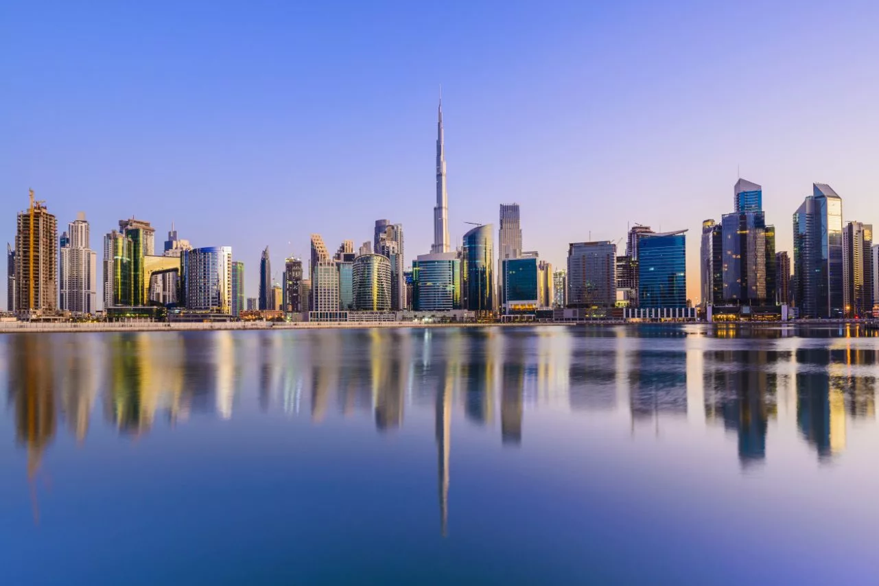 Panoramic View of the Downtown Dubai City Skyline and Business Park at Sunset, United Arab Emirates